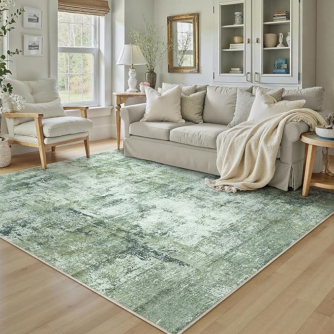 5x7 Washable Area Rug Dark Green Modern Neutral Abstract Living Room Bedroom Indoor Floor Carpet Low Pile Soft Non-Slip Lightweight Vacuumable Throw Rug for Kitchen Nursery Dining Room