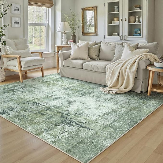 5x7 Washable Area Rug Dark Green Modern Neutral Abstract Living Room Bedroom Indoor Floor Carpet Low Pile Soft Non-Slip Lightweight Vacuumable Throw Rug for Kitchen Nursery Dining Room