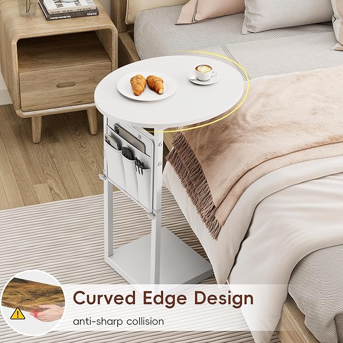 Vagusicc C Shaped End Table, Adjustable Height Small Side Table for Couch and Recliner, 32" Tall Couch Side Table Slide Under Sofa Tray Desk with Storage Bag for Living Room and Bedroom, White