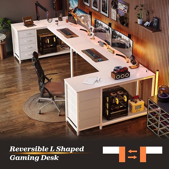 PRAISUN 53" L Shaped Desk with Power Outlets and USB-C Port, Reversible Computer Corner Office Desk with 4 Fabric Drawers and 2 Height-Adjustable Shelves, Large for Gaming Writing Work Study, White