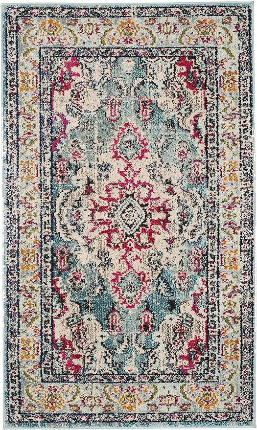SAFAVIEH Monaco Collection 3' x 5' Light BlueFuchsia MNC243J Boho Chic Medallion Distressed Non-Shedding Living Room Bedroom Accent Rug