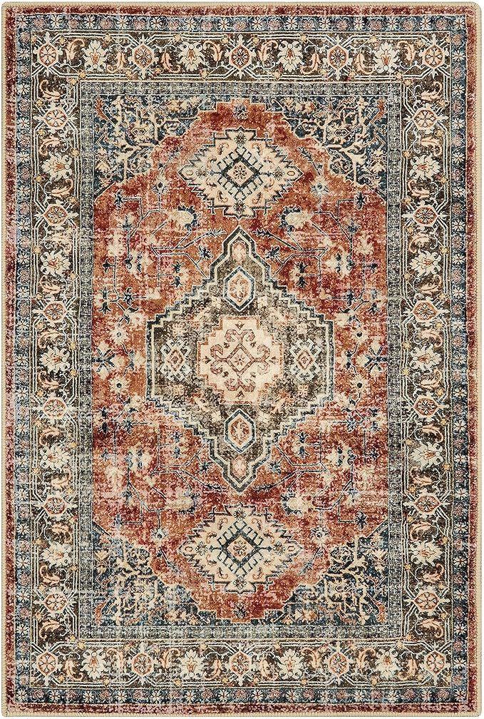 Lahome Oriental Washable Small Area Rug, 2x3 Rugs for Entryway Kitchen, Ultra-Thin Soft Indoor Door Mat Non Slip Throw Carpet for Bedroom Bathroom, Brick Red