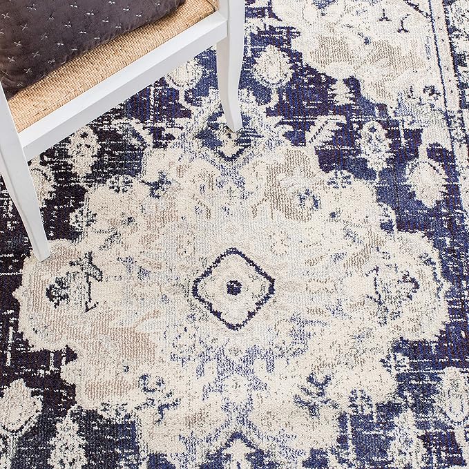 SAFAVIEH Monaco Collection Area Rug - 6'7" Square, Ivory & Navy, Boho Chic Medallion Distressed Design, Non-Shedding & Easy Care, Ideal for High Traffic Areas in Living Room, Bedroom (MNC243C)