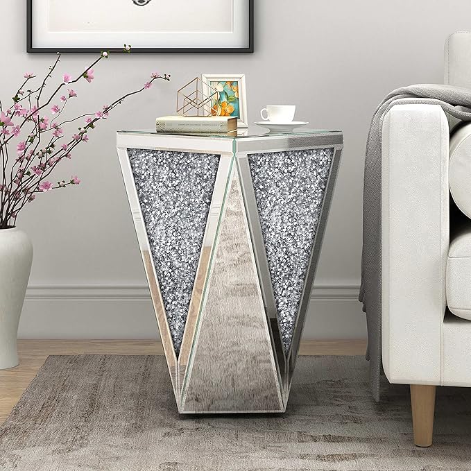 ENENE 19.7" Mirrored End Table Crystal Diamond Setting Coffee Table Silver Glass Side Table Pedestal Stand for Hallway, Living Room, Corner, Bedroom, Sofa