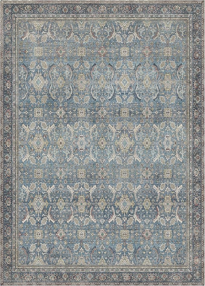 9X12 Area Rugs Machine Washable Rugs for Living Room, Vintage Boho Large Rugs for Bedroom Dining Room, Non Slip Indoor Soft Distressed Lightweight Thin Low Pile Carpet, Vintage Blue