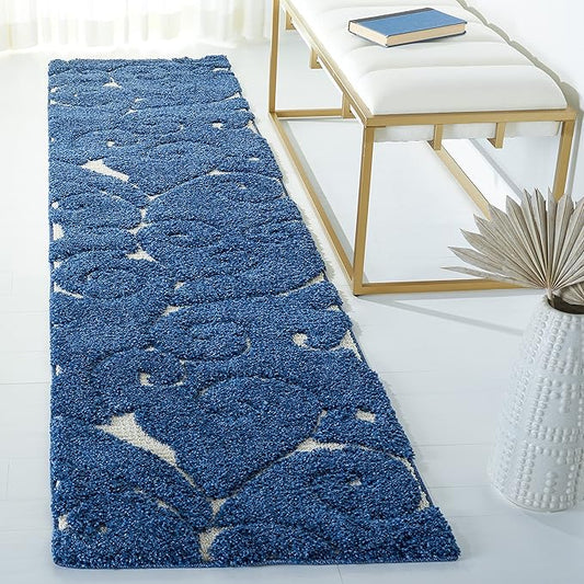 SAFAVIEH Florida Shag Collection Runner Rug - 2'3" x 9', Dark Blue & Cream, Scroll Design, Non-Shedding & Easy Care, 1.2-inch Thick Ideal for High Traffic Areas in Living Room, Bedroom (SG455-6511)