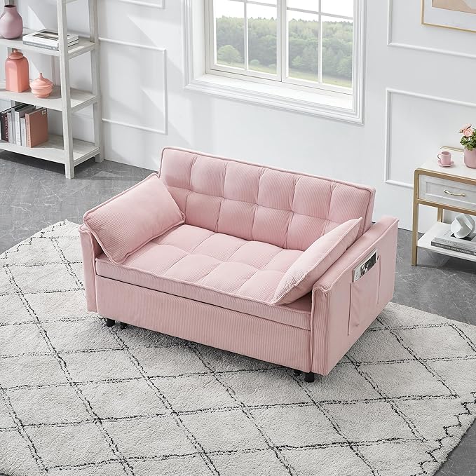 Ball & Cast Convertible Sofa Bed,Loveseat Sleeper Sofa W/Pull-Out Bed,Convertible Pull Out Couch W/2 Pillows,Adjustable Backrest&Side Pocket,Corduroy Futon Couches for Living Room,Apartment,Pink,54"