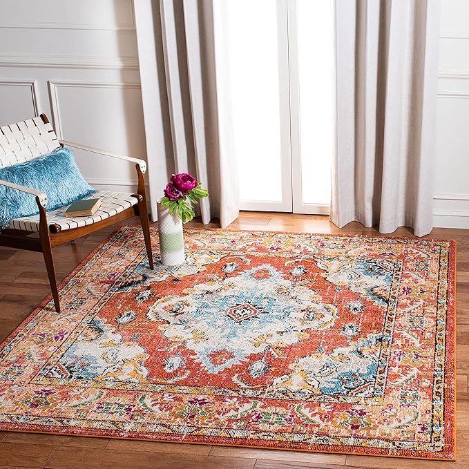 SAFAVIEH Monaco Collection Area Rug - 6'7" Square, Orange & Light Blue, Boho Chic Medallion Distressed Design, Non-Shedding & Easy Care, Ideal for High Traffic Areas in Living Room, Bedroom (MNC243H)
