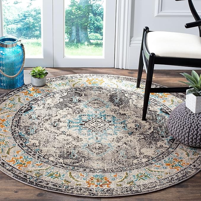 SAFAVIEH Monaco Collection Area Rug - 3' Round, Grey & Light Blue, Boho Chic Medallion Distressed Design, Non-Shedding & Easy Care, Ideal for High Traffic Areas in Living Room, Bedroom (MNC243G)