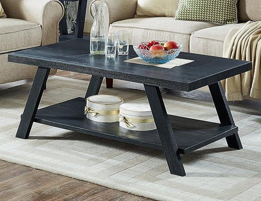 Roundhill Furniture Athens Contemporary Replicated Wood Shelf Coffee Table in Black Finish