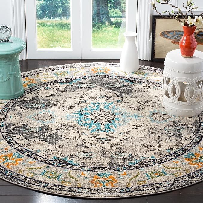 SAFAVIEH Monaco Collection Area Rug - 6'7" Round, Grey & Light Blue, Boho Chic Medallion Distressed Design, Non-Shedding & Easy Care, Ideal for High Traffic Areas in Living Room, Bedroom (MNC243G)