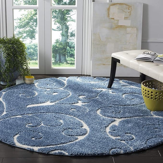 SAFAVIEH Florida Shag Collection 4' Round Light Blue/Cream SG455 Scrolling Vine Graceful Swirl Textured Non-Shedding Living Room Bedroom Dining Room Entryway Plush 1.2-inch Thick Area Rug