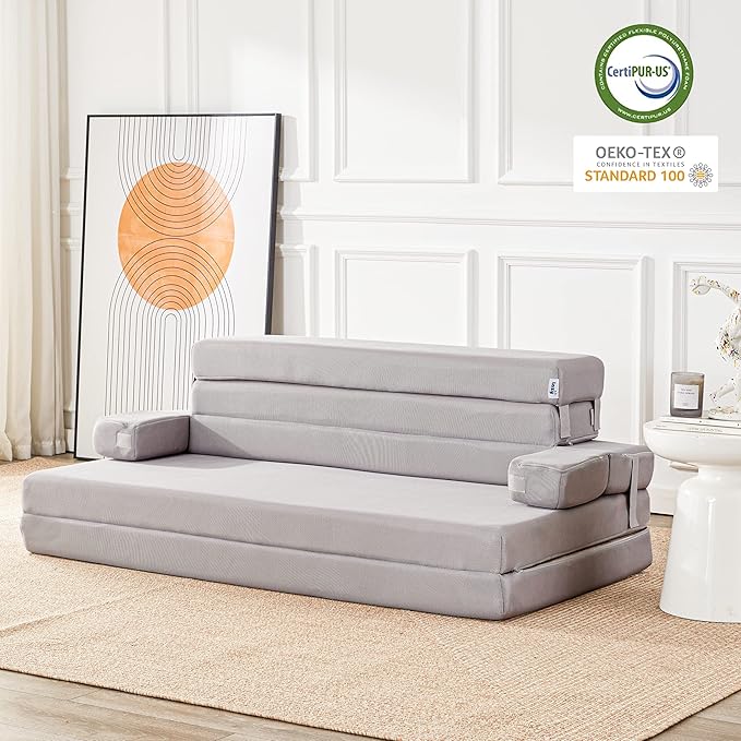 Sleep 4 Inch Foldable Mattress, Portable Floor Mattress Couch with Headrest, Washable Cover, Foldable Foam Couch Queen for Guest Bed, Folding Sofa Bed, Camping, Road Trip, Dark Grey