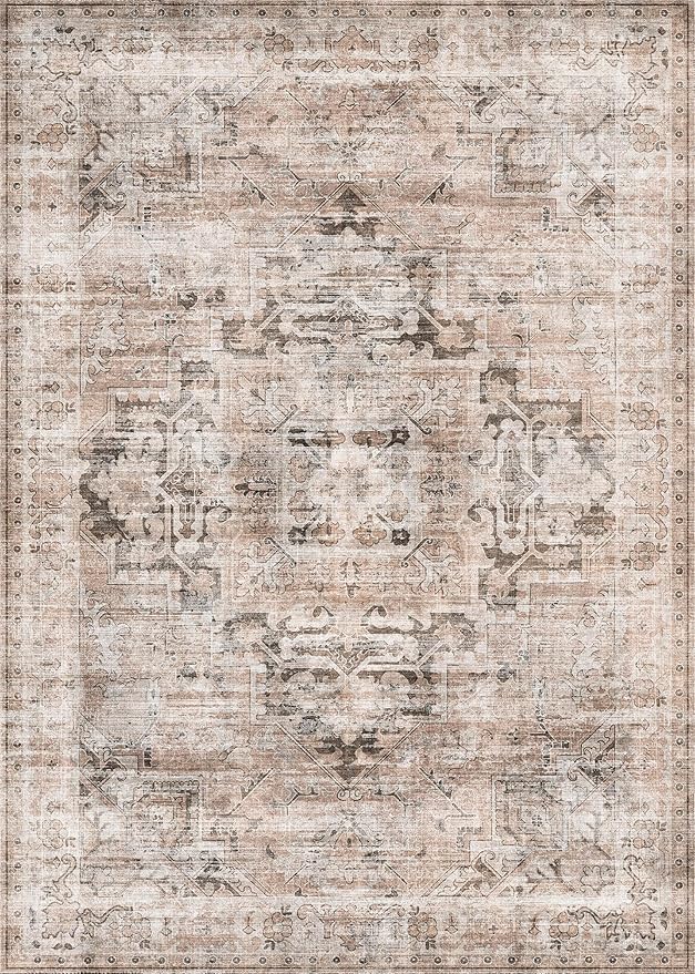 GENIMO 6x9 Area Rugs for Living Room, Machine Washable Non Slip Vintage Retro Rugs, Low Pile Lightweight Thin Print Rug for Bedroom, Dining Room, Home Office, Brownishi Drab