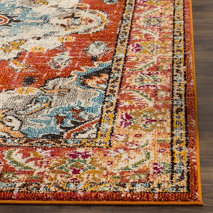 SAFAVIEH Monaco Collection Area Rug - 6'7" x 9'2", Orange & Light Blue, Boho Chic Medallion Distressed Design, Non-Shedding & Easy Care, Ideal for High Traffic Areas in Living Room, Bedroom (MNC243H)