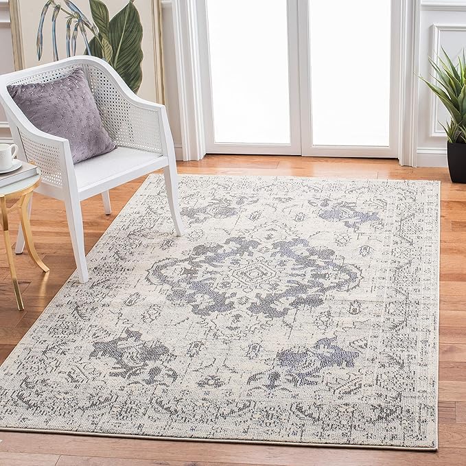 SAFAVIEH Monaco Collection Accent Rug - 4' x 5'7", Ivory & Grey, Boho Medallion Distressed Design, Non-Shedding & Easy Care, Ideal for High Traffic Areas in Entryway, Living Room, Bedroom (MNC243B)