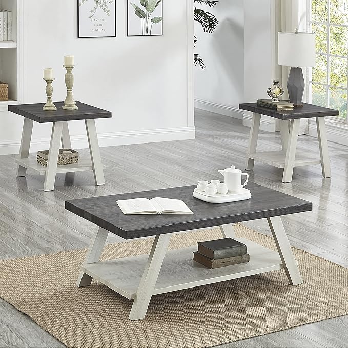 Roundhill Furniture Athens Contemporary 3-Piece Wood Shelf Coffee Table Set, Weathered Charcoal and Beige