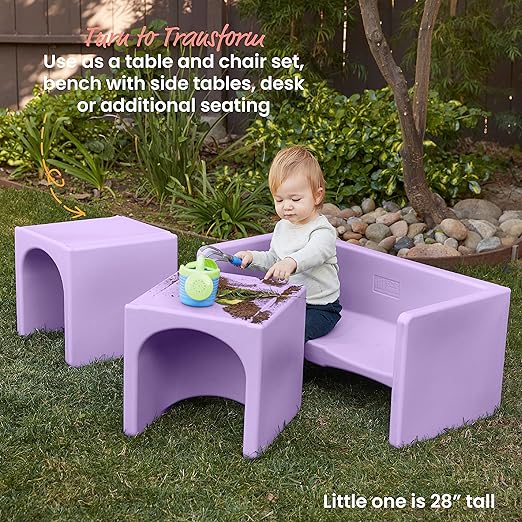 ECR4Kids Tri-Me Table and Cube Chair Set, Multipurpose Furniture, Light Purple, 3-Piece