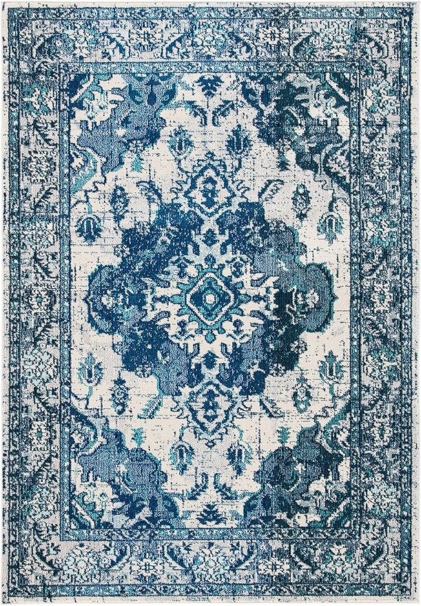 SAFAVIEH Monaco Collection Area Rug - 5'1" x 7'7", Ivory & Blue, Boho Chic Medallion Distressed Design, Non-Shedding & Easy Care, Ideal for High Traffic Areas in Living Room, Bedroom (MNC243A)