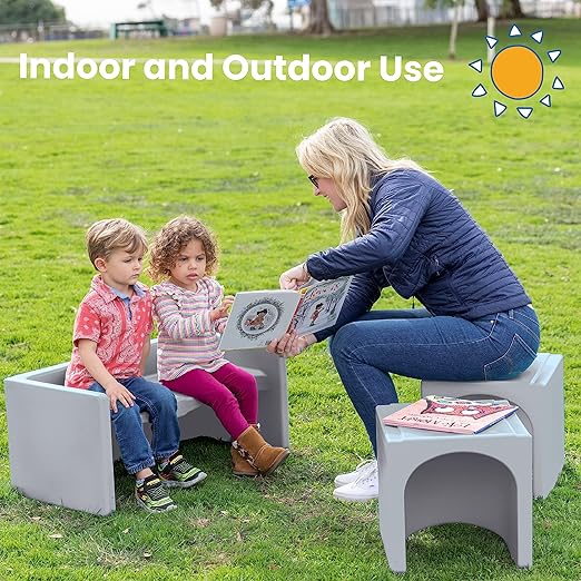 ECR4Kids Tri-Me Table and Cube Chair Set, Multipurpose Furniture, Light Grey, 3-Piece