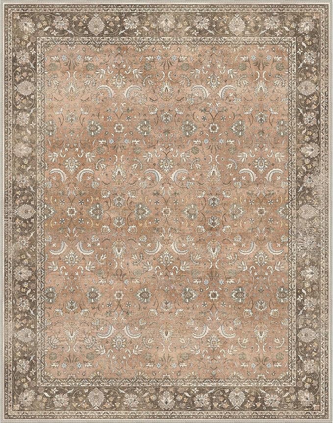 8X10 Area Rugs Machine Washable Rugs for Living Room, Vintage Boho Large Rugs for Bedroom Dining Room, Non Slip Indoor Soft Distressed Lightweight Thin Low Pile Carpet, Chestnut
