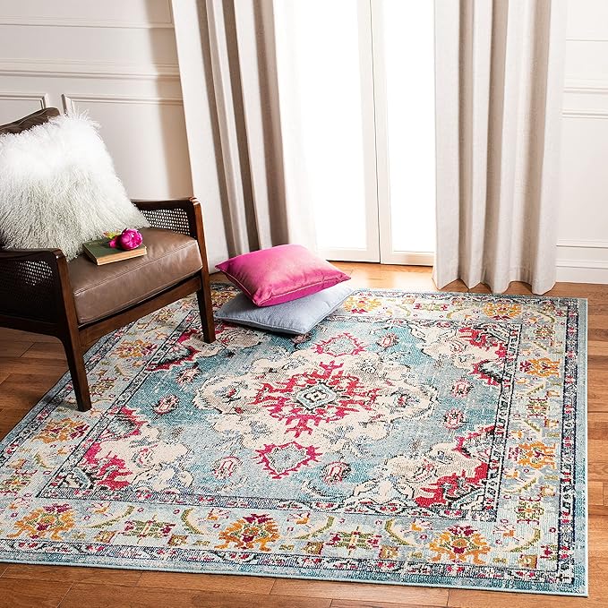 SAFAVIEH Monaco Collection Area Rug - 11' Square, Light Blue & Fuchsia, Boho Chic Medallion Distressed Design, Non-Shedding & Easy Care, Ideal for High Traffic Areas in Living Room, Bedroom (MNC243J)