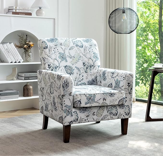Container Furniture Direct Contemporary Accent Arm Chair with Birch Wood Frame and Velvet Upholstery, Armchair for Office and Living Room Decor, Removable Cushions, 07 Printed Fabric