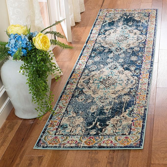 SAFAVIEH Monaco Collection Runner Rug - 2'2" x 16', Navy & Light Blue, Boho Chic Medallion Distressed Design, Non-Shedding & Easy Care, Ideal for High Traffic Areas in Living Room, Bedroom (MNC243N)