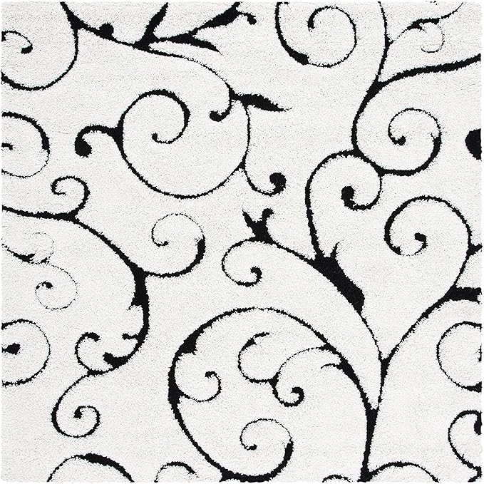 SAFAVIEH Florida Shag Collection Area Rug - 8' Square, Ivory & Black, Scroll Design, Non-Shedding & Easy Care, 1.2-inch Thick Ideal for High Traffic Areas in Living Room, Bedroom (SG455-1290)