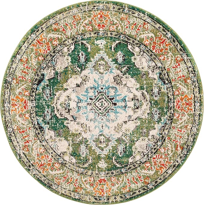 SAFAVIEH Monaco Collection Area Rug - 4' Round, Forest Green & Light Blue, Boho Medallion Distressed Design, Non-Shedding & Easy Care, Ideal for High Traffic Areas in Living Room, Bedroom (MNC243F)