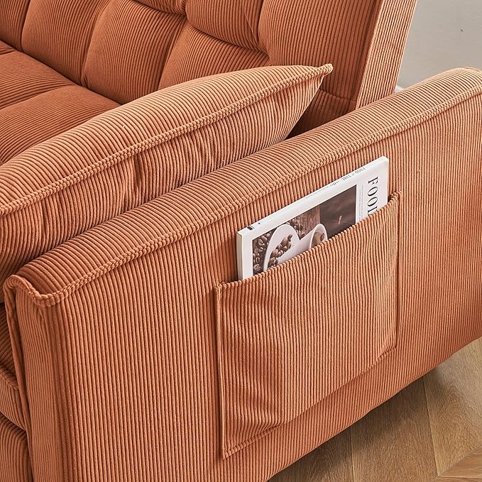 Ball & Cast Convertible Sofa Bed,Loveseat Sleeper Sofa W/Pull-Out Bed,Convertible Pull Out Couch W/2 Pillows,Adjustable Backrest&Side Pocket,Corduroy Futon Couches for Living Room,Apartment,Orange,54"