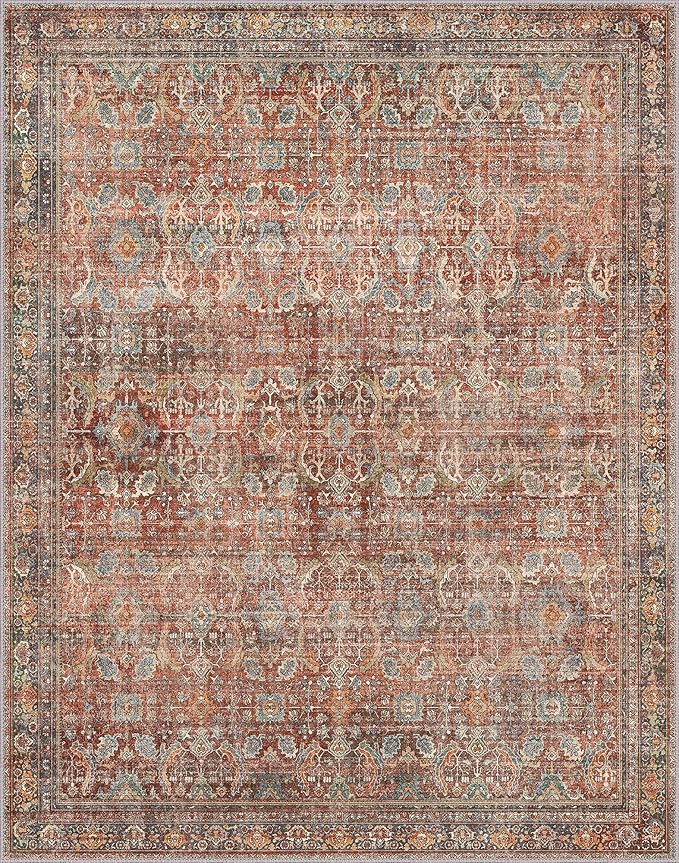 GENIMO 3x5 Area Rugs for Living Room, Machine Washable Non Slip Vintage Rugs, Low Pile Lightweight Chenille Print Rug for Bedroom, Dining Room, Home Office, Terracotta Indigo