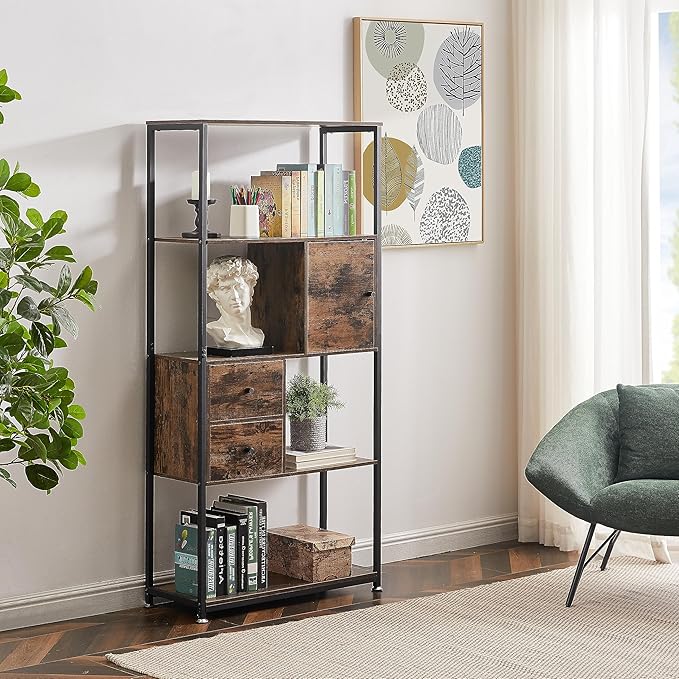 VECELO 5-Tier Bookshelf,Bookcase with 2 Storage Drawers and 1 Cabinet, Wood Shelves with Metal Frame,Open Book Shelves Standing Shelf Unit for Living Room, Bedroom,Office,Kichen