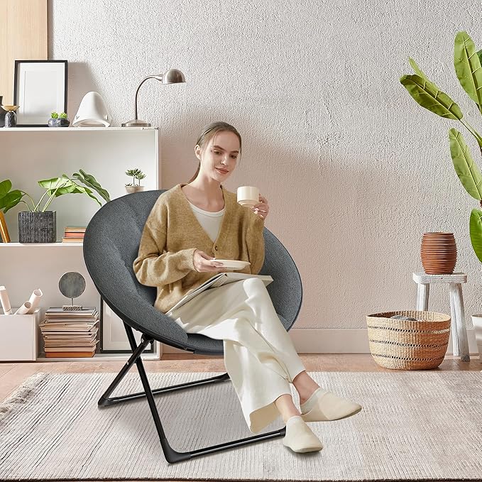 Saucer Chair, XL Foldable Lounge Chair for Bedroom/Dorm, Plush Comfy Seat with Non-Slip Base for Teens & Adults, Faux Fur Accent Chair, Gray