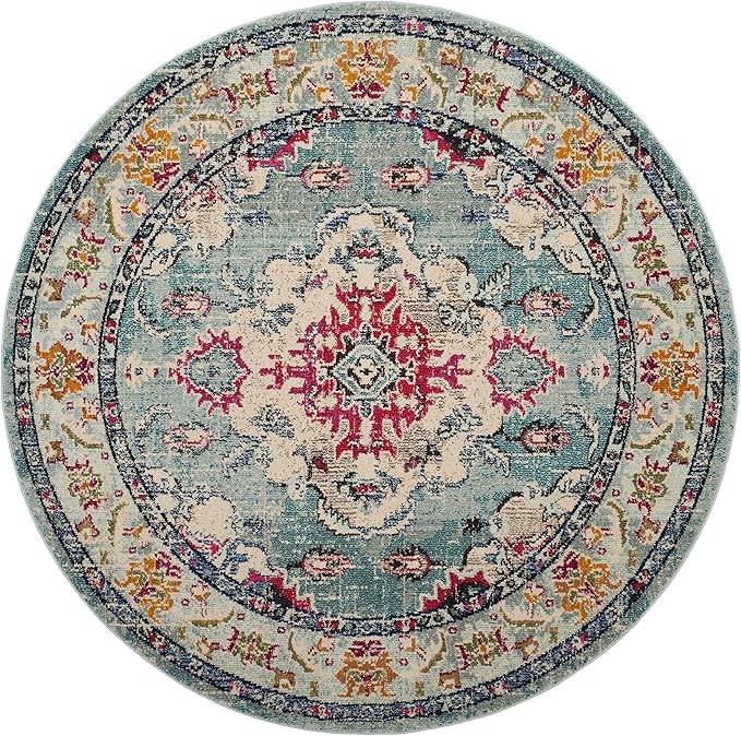 SAFAVIEH Monaco Collection Area Rug - 6'7" Round, Light Blue & Fuchsia, Boho Chic Medallion Distressed Design, Non-Shedding & Easy Care, Ideal for High Traffic Areas in Living Room, Bedroom (MNC243J)