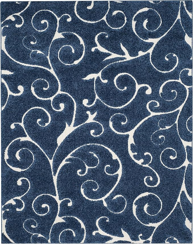SAFAVIEH Florida Shag Collection Area Rug - 8'6" x 12', Dark Blue & Cream, Scroll Design, Non-Shedding & Easy Care, 1.2-inch Thick Ideal for High Traffic Areas in Living Room, Bedroom (SG455-6511)