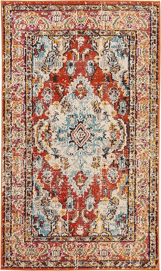 SAFAVIEH Monaco Collection Accent Rug - 3' x 5', Orange & Light Blue, Medallion Distressed Design, Non-Shedding & Easy Care, Ideal for High Traffic Areas in Entryway, Living Room, Bedroom (MNC243H)