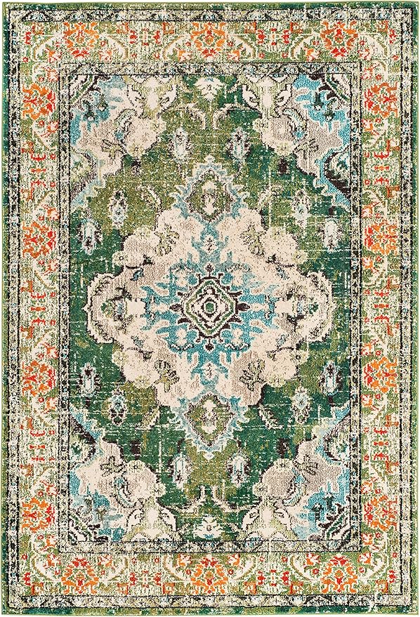 SAFAVIEH Monaco Collection Area Rug - 8' x 10', Forest Green & Light Blue, Boho Medallion Distressed Design, Non-Shedding & Easy Care, Ideal for High Traffic Areas in Living Room, Bedroom (MNC243F)