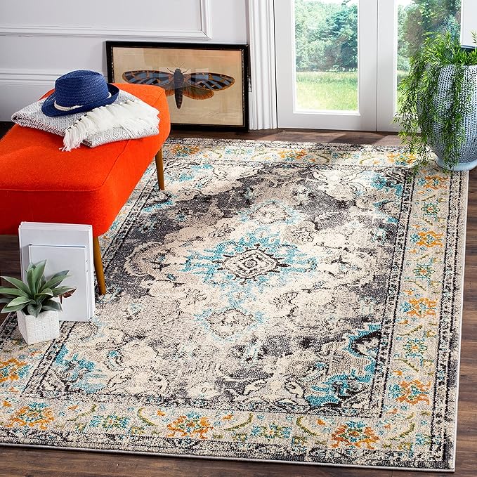SAFAVIEH Monaco Collection Accent Rug - 3' x 5', Grey & Light Blue, Medallion Distressed Design, Non-Shedding & Easy Care, Ideal for High Traffic Areas in Entryway, Living Room, Bedroom (MNC243G)