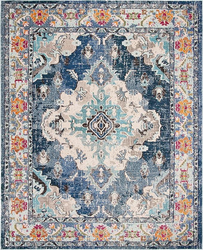 SAFAVIEH Monaco Collection Area Rug - 10' x 14', Navy & Light Blue, Boho Chic Medallion Distressed Design, Non-Shedding & Easy Care, Ideal for High Traffic Areas in Living Room, Bedroom (MNC243N)