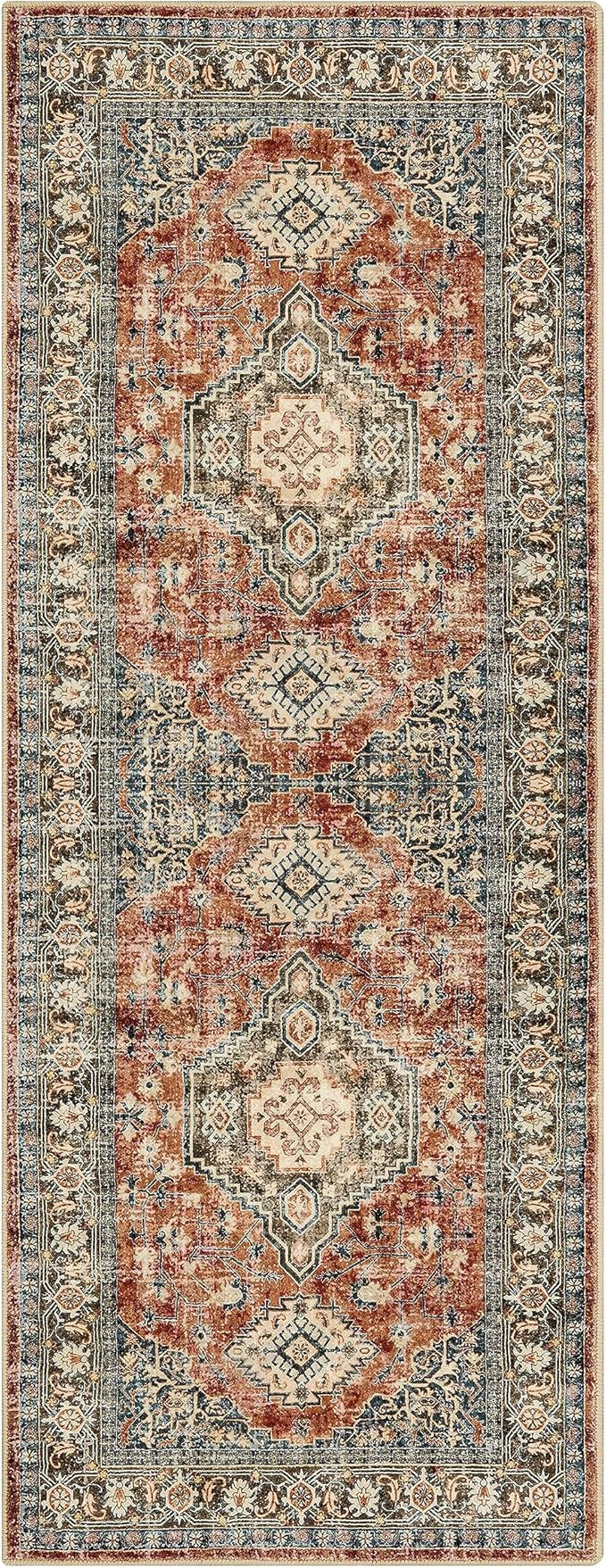 Lahome Oriental Washable Kitchen Runner Rug, 2x6 Carpet Runners for Hallway 6ft Non Skid, Vintage Soft Hallway Rug for Bathroom Bedroom Entryway, Brick Red