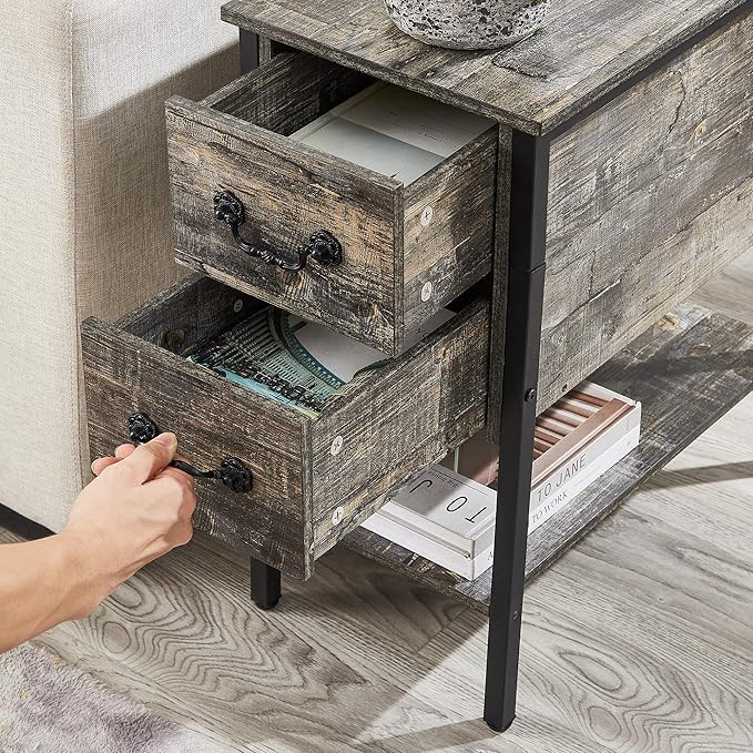 VECELO End Tables,Narrow Nightstands with Charging Station & USB Ports &Drawers,Night Stand for Living Room, Bedroom,Misty Gray