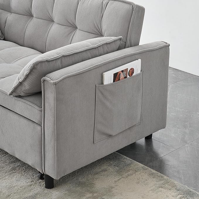 Ball & Cast Convertible Sofa Bed,Pull Out Loveseat Sleeper Sofa,Convertible Pull Out Couch W/2 Pillows,Adjustable Backrest & Side Pocket,Corduroy Futon Couches for Living Room,Apartment,Light Gray,54"