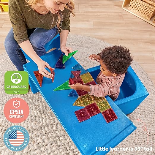 ECR4Kids Tri-Me Table and Cube Chair Set, Multipurpose Furniture, Blue, 3-Piece