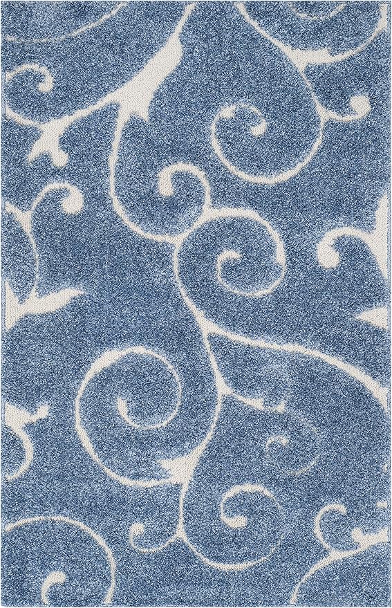 SAFAVIEH Florida Shag Collection Accent Rug - 2'3" x 5', Light Blue & Cream, Scroll, Non-Shedding & Easy Care, 1.2-inch Thick Ideal for High Traffic Areas in Foyer, Living Room, Bedroom (SG455-6011)