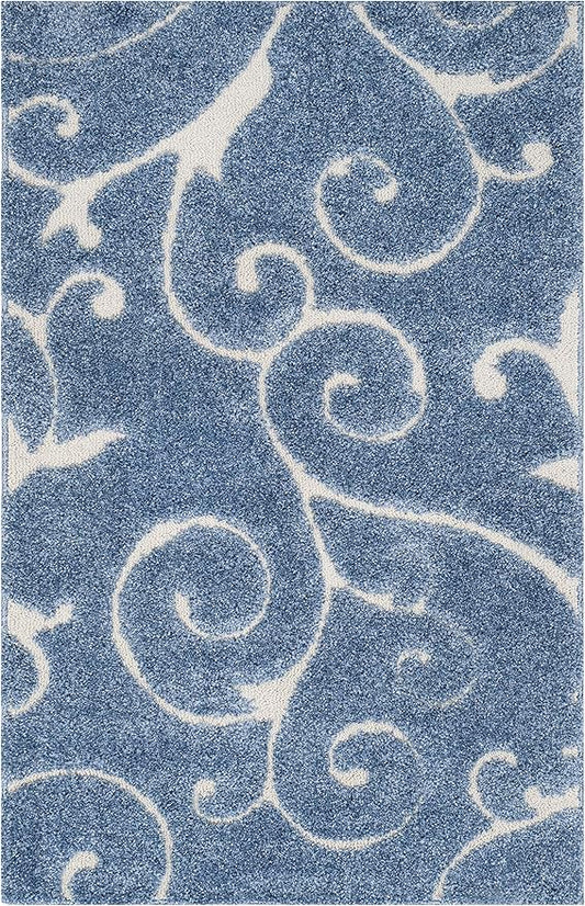 SAFAVIEH Florida Shag Collection Accent Rug - 2'3" x 5', Light Blue & Cream, Scroll, Non-Shedding & Easy Care, 1.2-inch Thick Ideal for High Traffic Areas in Foyer, Living Room, Bedroom (SG455-6011)