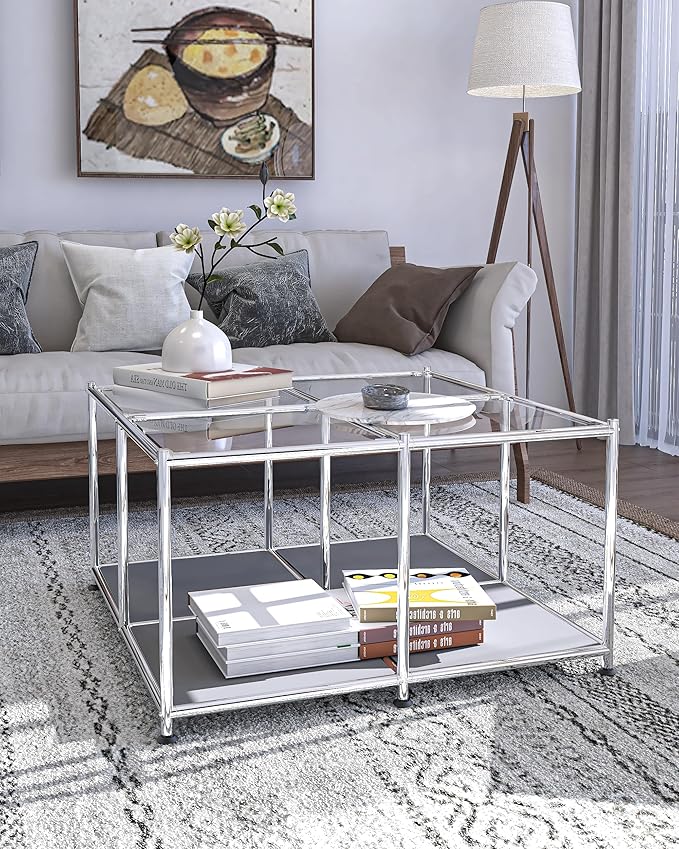 Matte Coffee Table with Open Storage, Square Tempered Glass Storage Rolling Coffee Table, Modern Design for Living Room, Meeting Room (Grey)