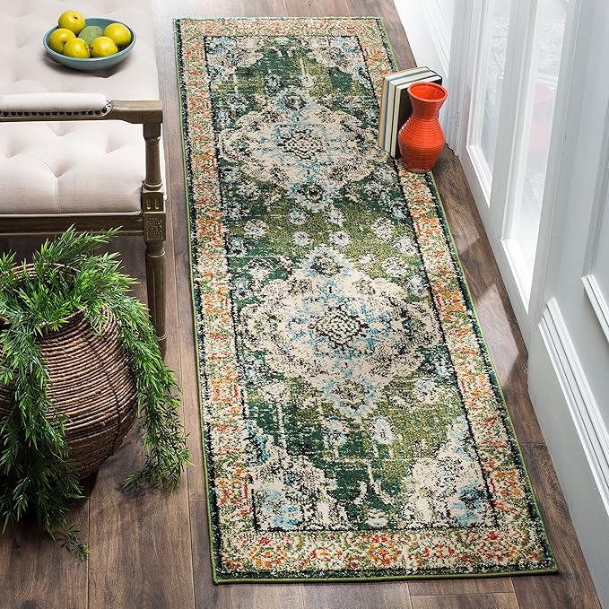 SAFAVIEH Monaco Collection Runner Rug - 2'2" x 8', Forest Green & Light Blue, Medallion Distressed Design, Non-Shedding & Easy Care, Ideal for High Traffic Areas in Living Room, Bedroom (MNC243F)