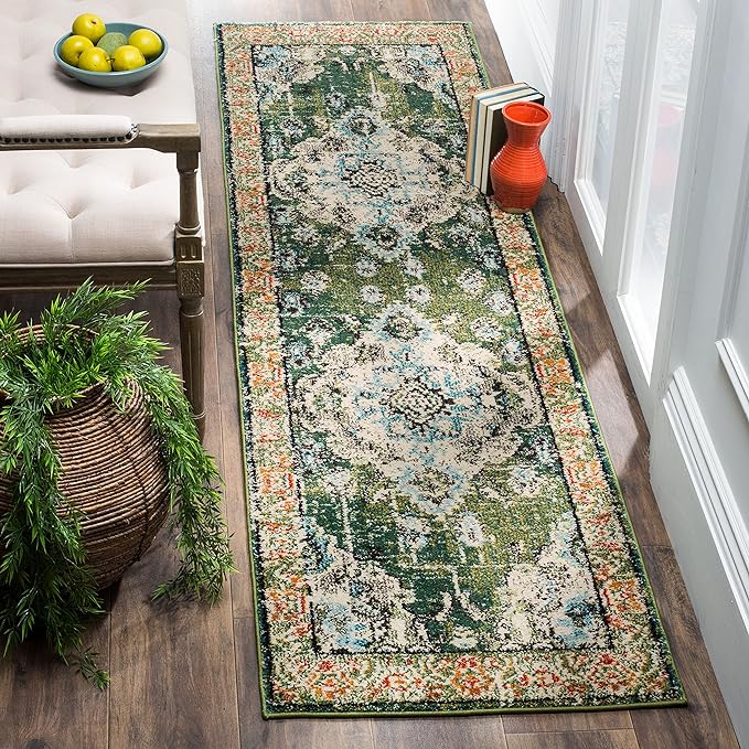 SAFAVIEH Monaco Collection Runner Rug - 2'2" x 14', Forest Green & Light Blue, Medallion Distressed Design, Non-Shedding & Easy Care, Ideal for High Traffic Areas in Living Room, Bedroom (MNC243F)
