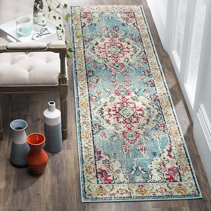 SAFAVIEH Monaco Collection Runner Rug - 2'2" x 22', Light Blue & Fuchsia, Medallion Distressed Design, Non-Shedding & Easy Care, Ideal for High Traffic Areas in Living Room, Bedroom (MNC243J)